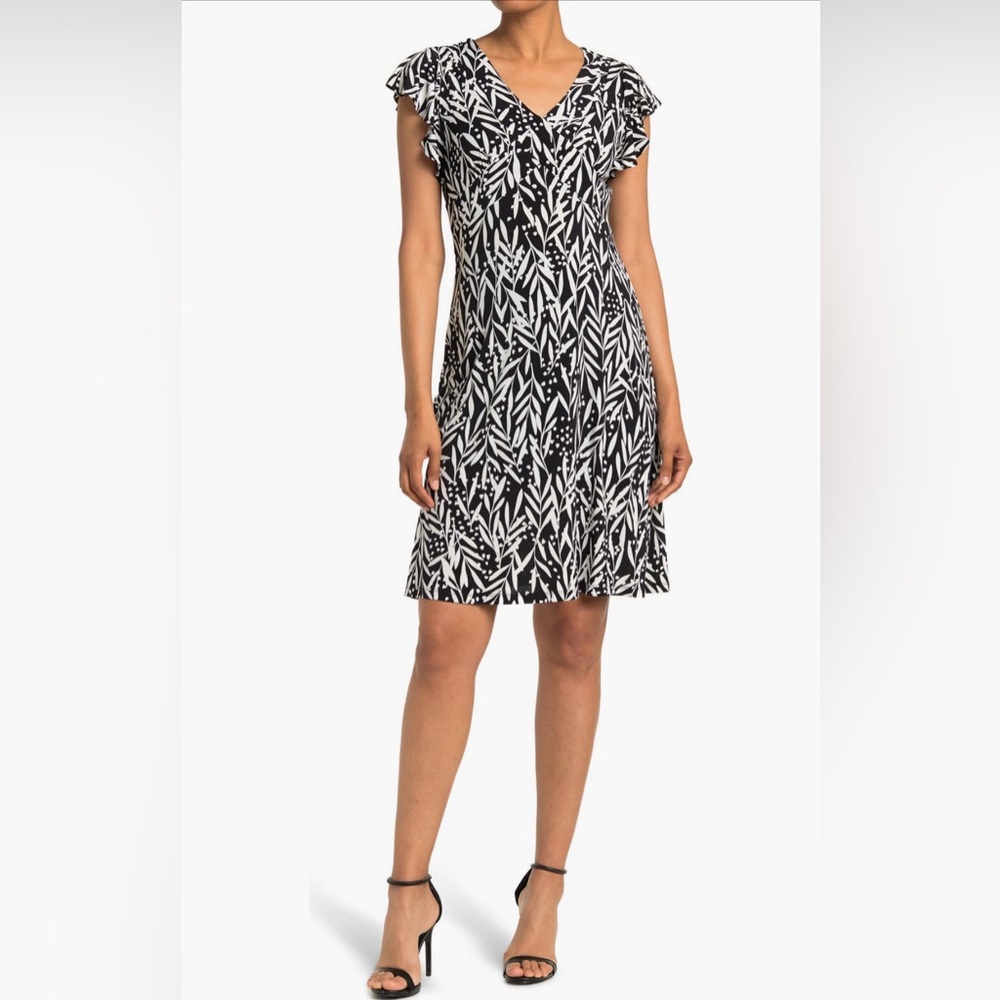 London Times Women's Leaf Print V-Neck Ruffle Sleeve Dress